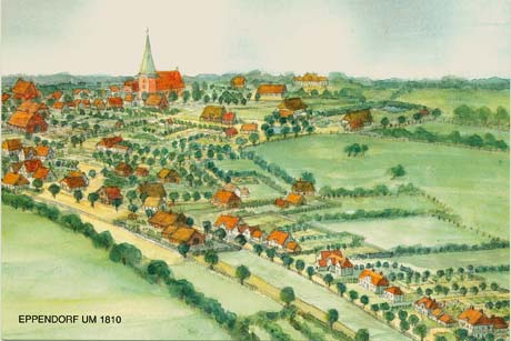 Diese Postkarte, die um 1810 entstand, zeigt ein recht akkurates Bild des damaligen Dorfes Eppendorf