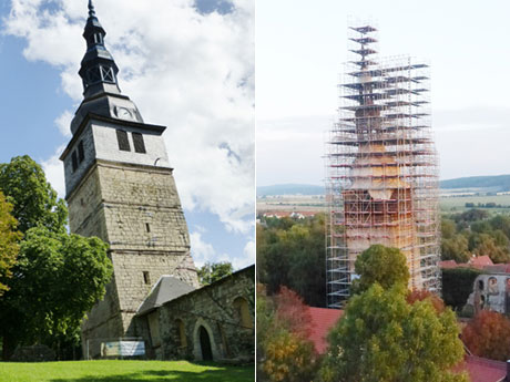 Der Turm der Frankenhauser Oberkirche 2014 und 2018 (Fotos: Bernd Ricanek)