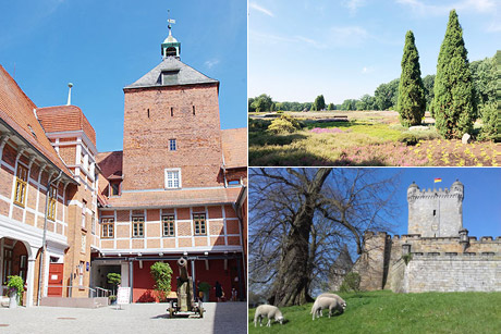 Typische Heidelandschaft (o.r. (c) Helge Rodewald), Burg Bentheim im Münsterland (Foto: (c) Rolf Kath, Pixabay.com