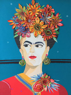 Frida Kahlo, 2021, 50 x 70 cm, Papiercollage mit 3-D-Anteilen, Mischtechnik, Foto: (c) Kathrin Rosenberg