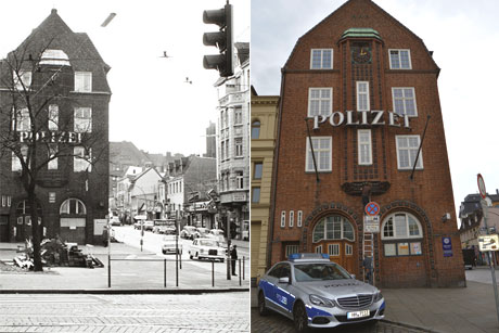 Die Davidwache im Jahr 1994 und Hamburgs ber&uuml;hmteste Wache heute, Fotos: (c) Postkartenmotiv, gemeinfrei/stahlpress Medien